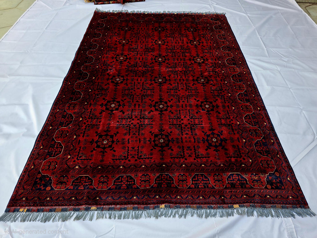 Red Geometric Medallion Rug, 6.4 x 9.3 Ft Area Rug, Crimson Tribal Style Carpet, Statement Living Room Decor