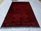 Red Geometric Medallion Rug, 6.4 x 9.3 Ft Area Rug, Crimson Tribal Style Carpet, Statement Living Room Decor