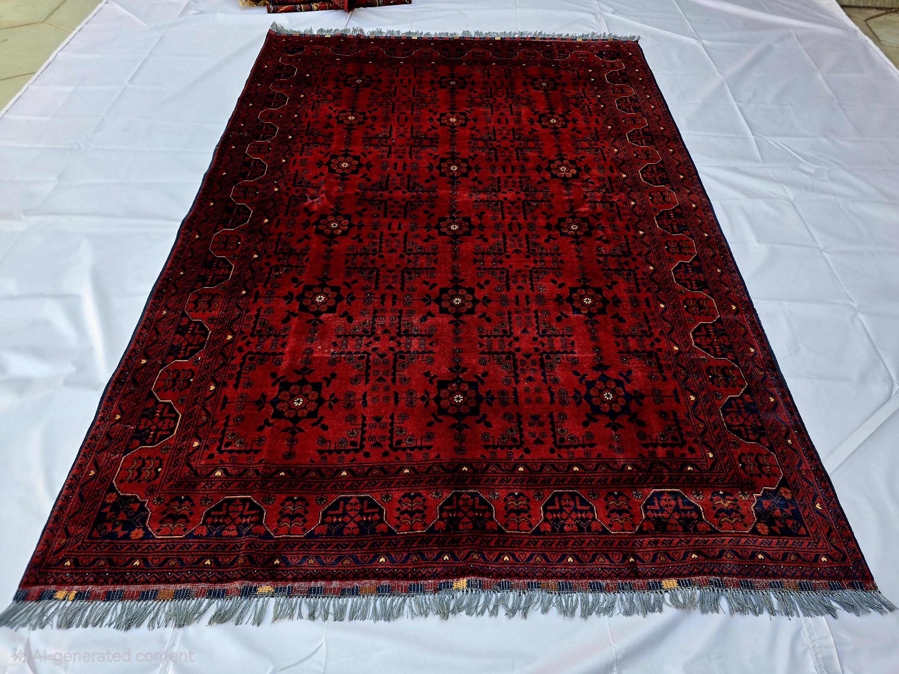 Red Geometric Medallion Rug, 6.4 x 9.3 Ft Area Rug, Crimson Tribal Style Carpet, Statement Living Room Decor