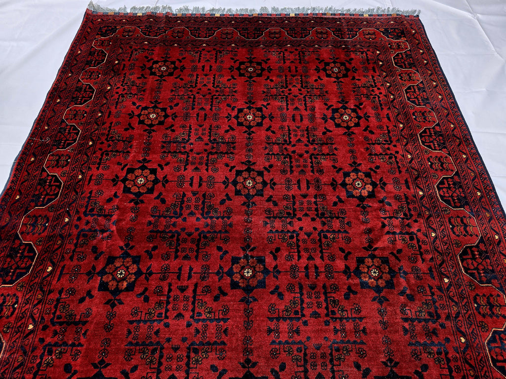 Red Geometric Medallion Rug, 6.4 x 9.3 Ft Area Rug, Crimson Tribal Style Carpet, Statement Living Room Decor