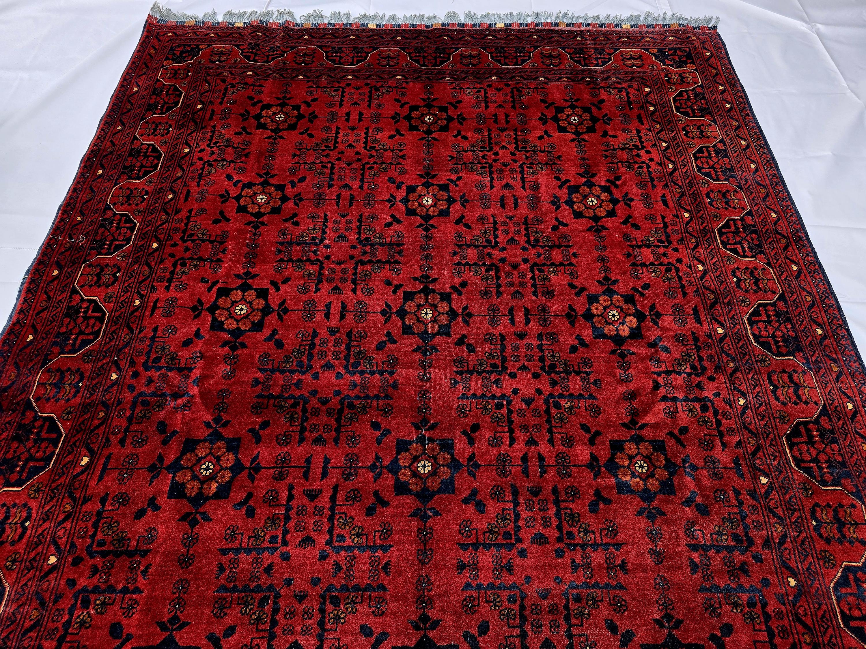 Red Geometric Medallion Rug, 6.4 x 9.3 Ft Area Rug, Crimson Tribal Style Carpet, Statement Living Room Decor