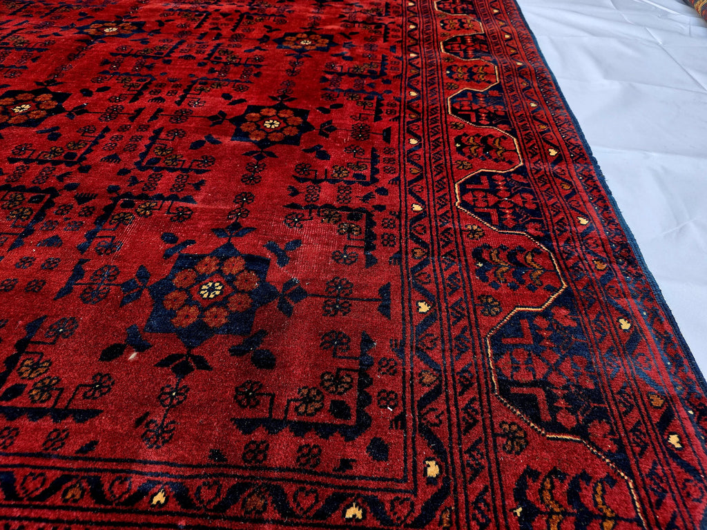 Red Geometric Medallion Rug, 6.4 x 9.3 Ft Area Rug, Crimson Tribal Style Carpet, Statement Living Room Decor
