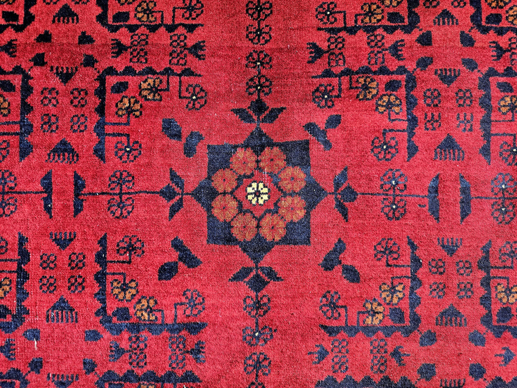 Red Geometric Medallion Rug, 6.4 x 9.3 Ft Area Rug, Crimson Tribal Style Carpet, Statement Living Room Decor