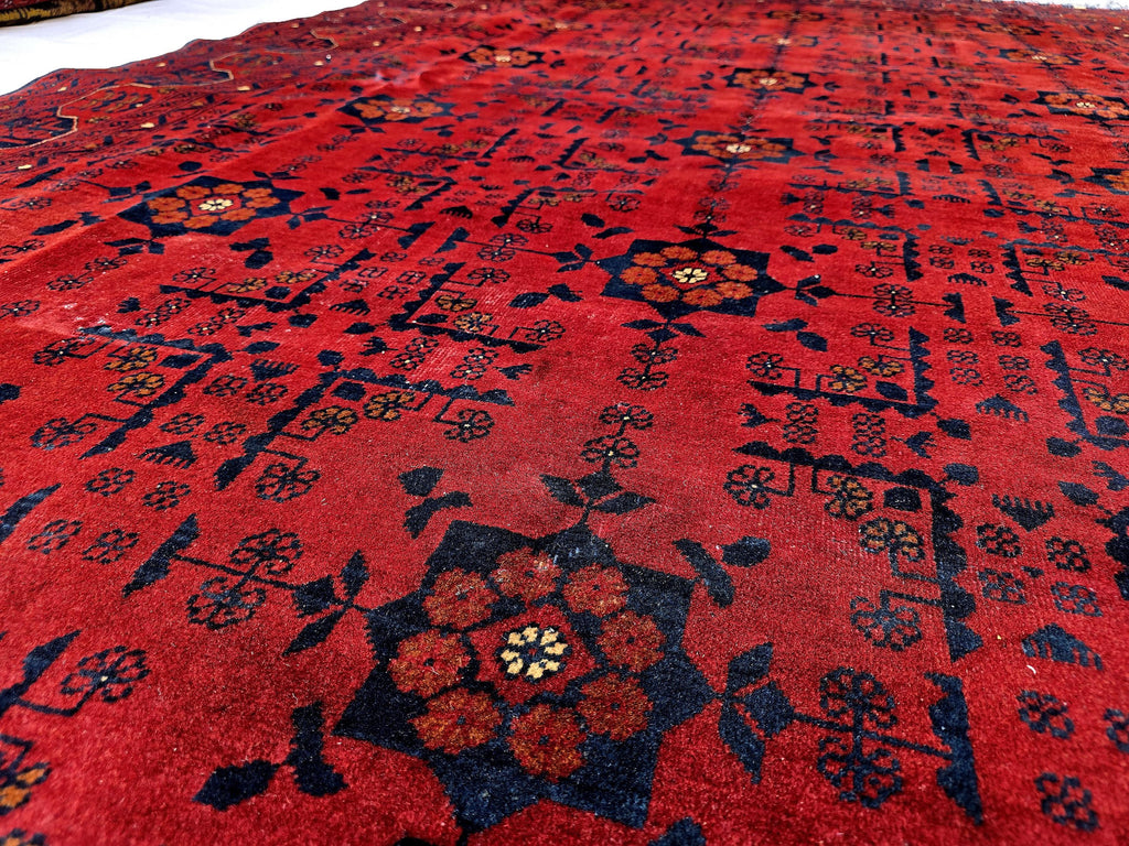 Red Geometric Medallion Rug, 6.4 x 9.3 Ft Area Rug, Crimson Tribal Style Carpet, Statement Living Room Decor