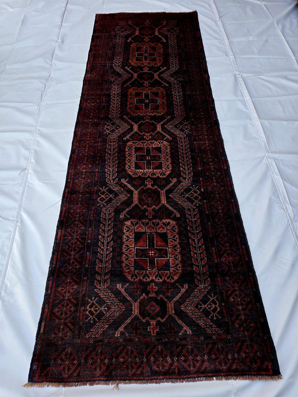 Dark Red 3x9 Vintage Tribal Runner Rug, Geometric Hallway Carpet, Turkmen Long Narrow Rug with Medallions