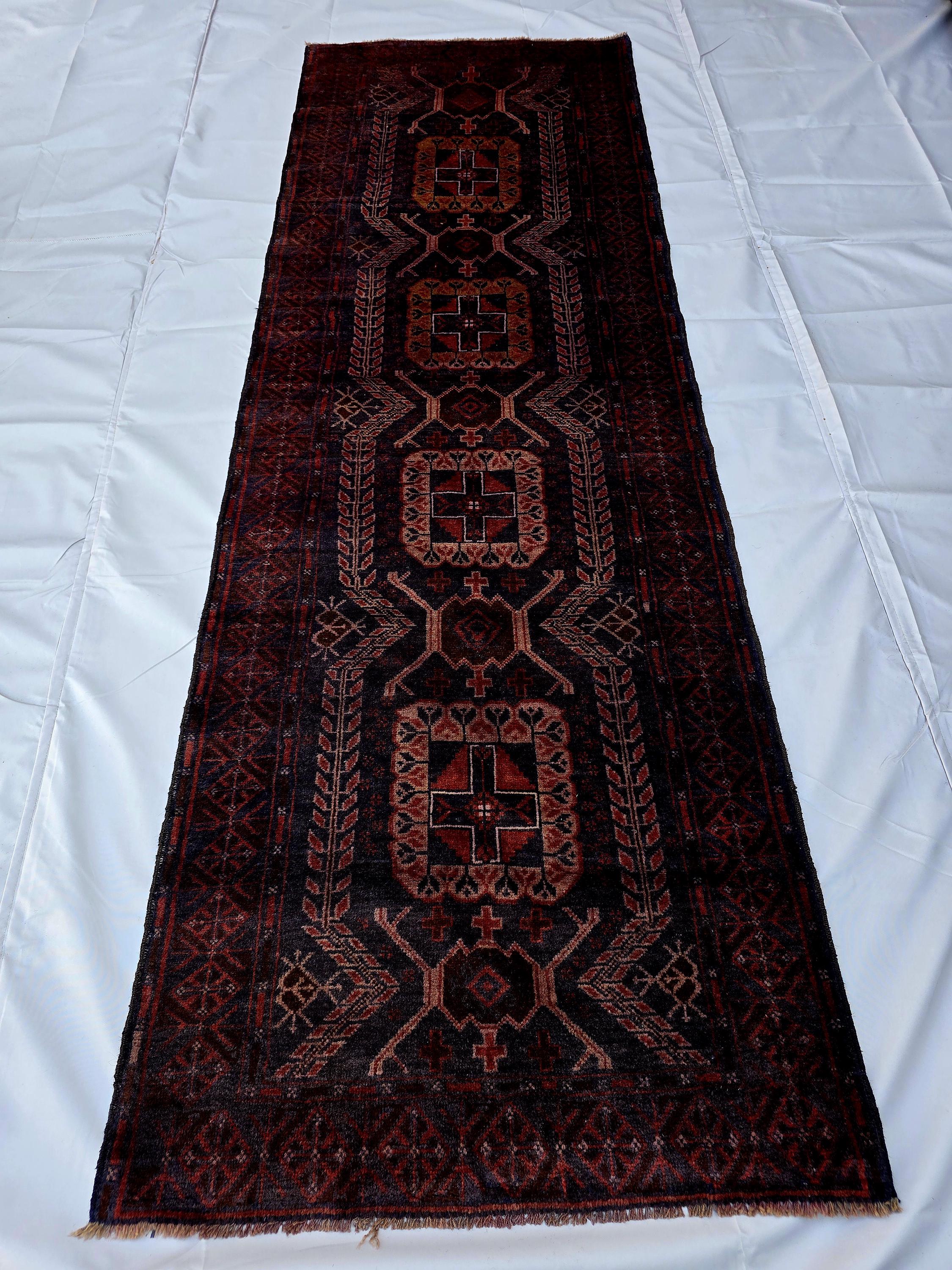 Dark Red 3x9 Vintage Tribal Runner Rug, Geometric Hallway Carpet, Turkmen Long Narrow Rug with Medallions
