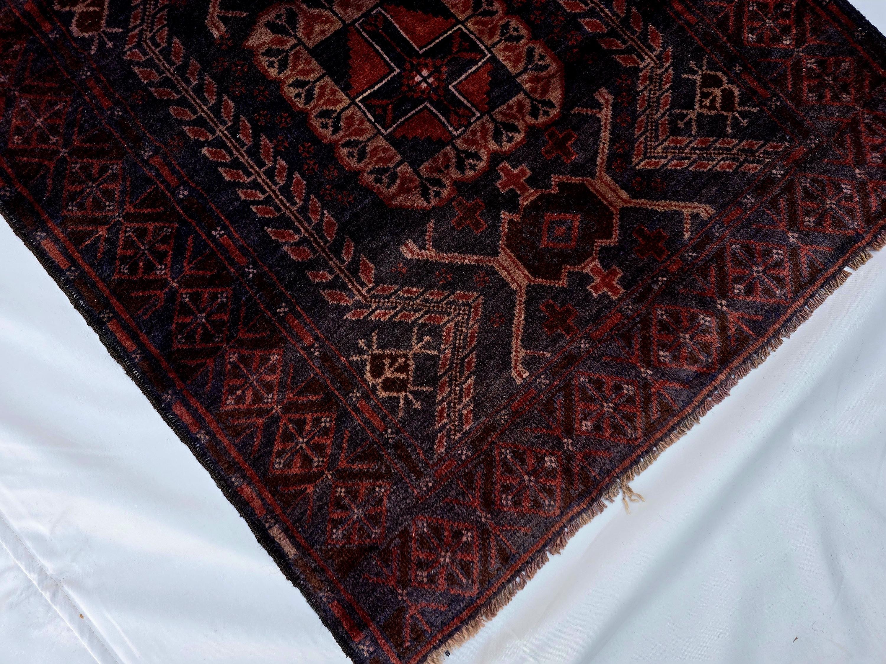 Dark Red 3x9 Vintage Tribal Runner Rug, Geometric Hallway Carpet, Turkmen Long Narrow Rug with Medallions