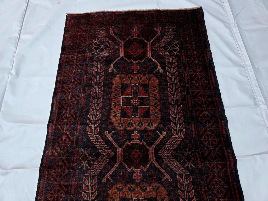 Dark Red 3x9 Vintage Tribal Runner Rug, Geometric Hallway Carpet, Turkmen Long Narrow Rug with Medallions