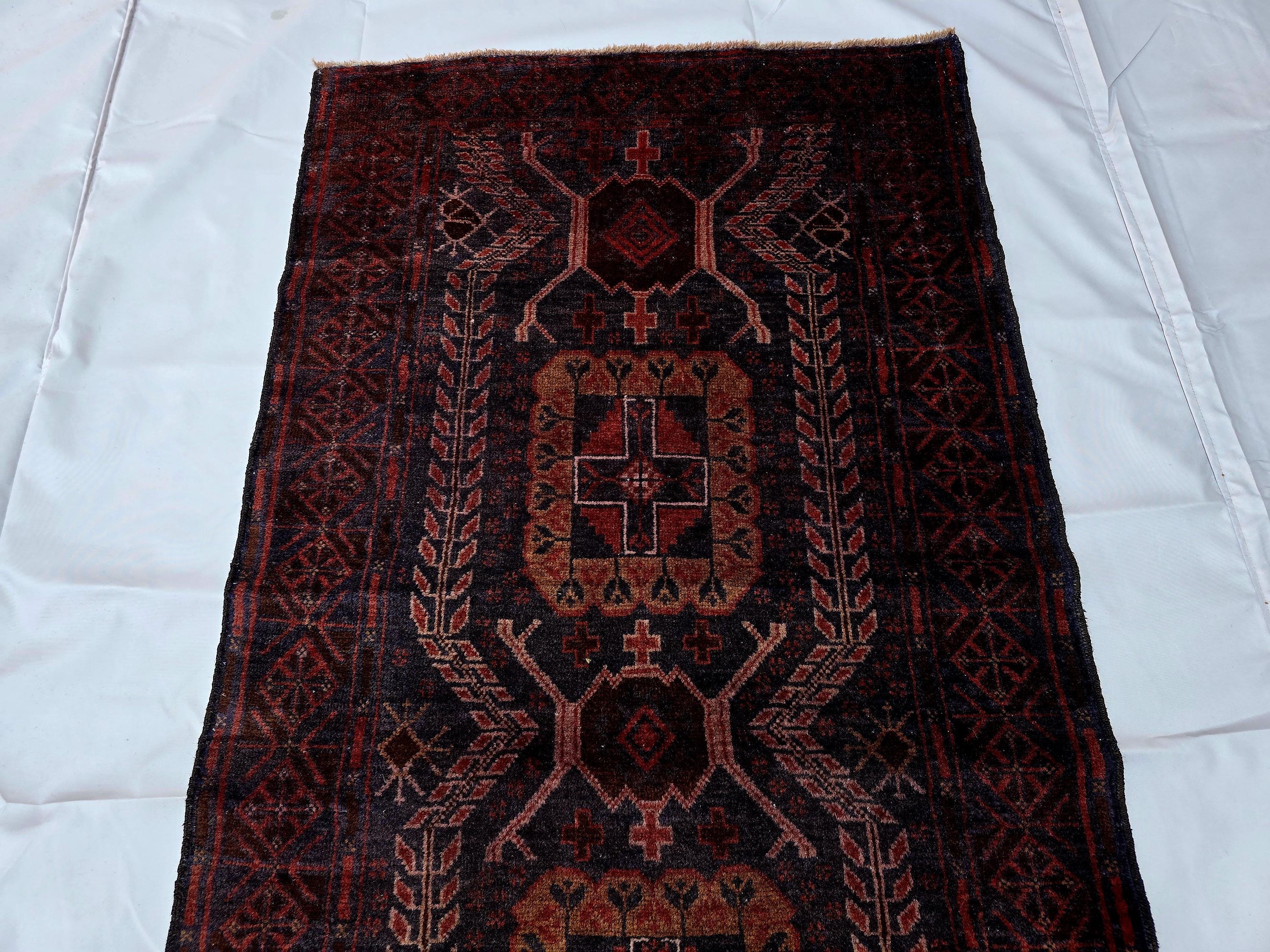 Dark Red 3x9 Vintage Tribal Runner Rug, Geometric Hallway Carpet, Turkmen Long Narrow Rug with Medallions