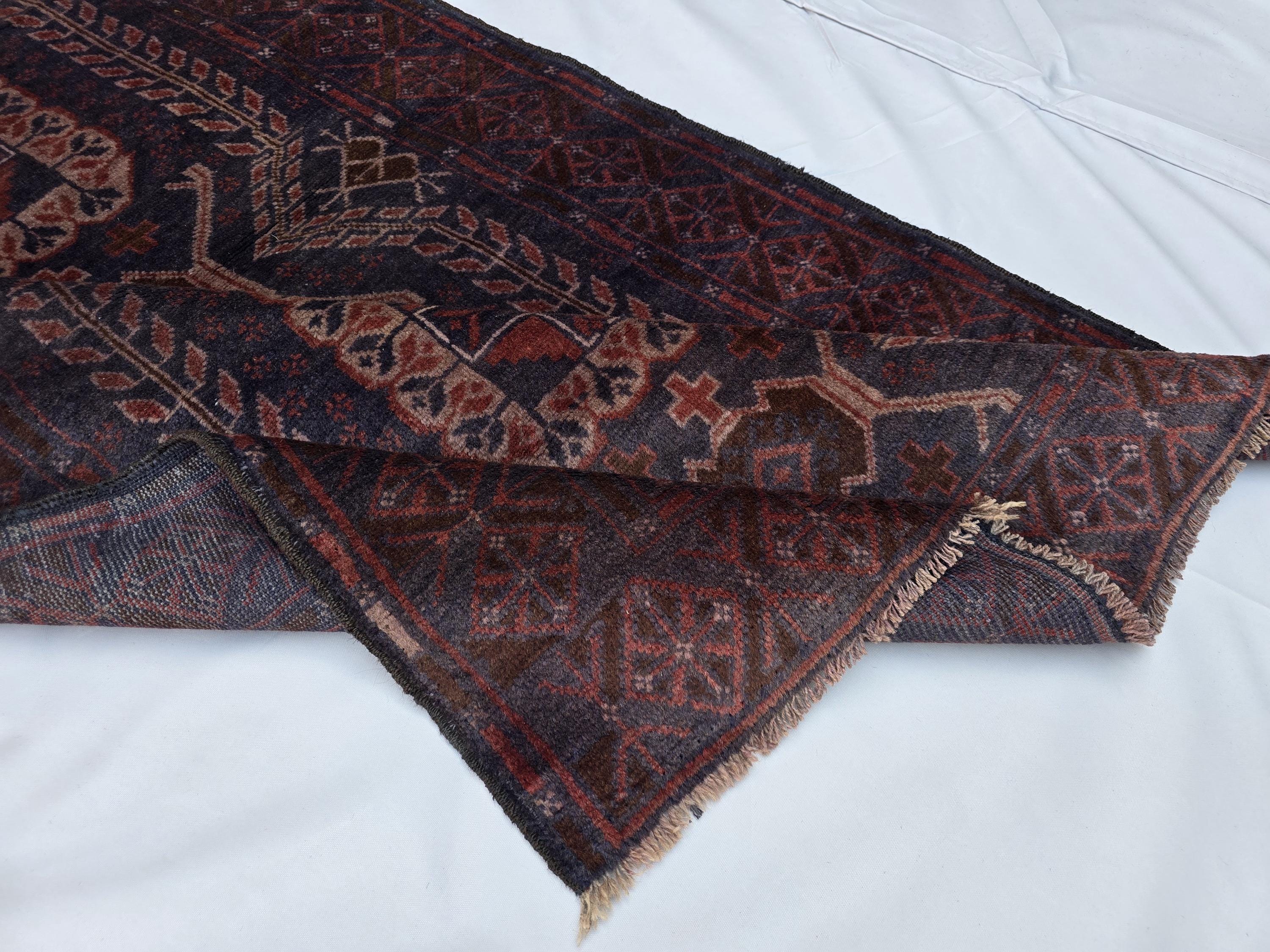 Dark Red 3x9 Vintage Tribal Runner Rug, Geometric Hallway Carpet, Turkmen Long Narrow Rug with Medallions