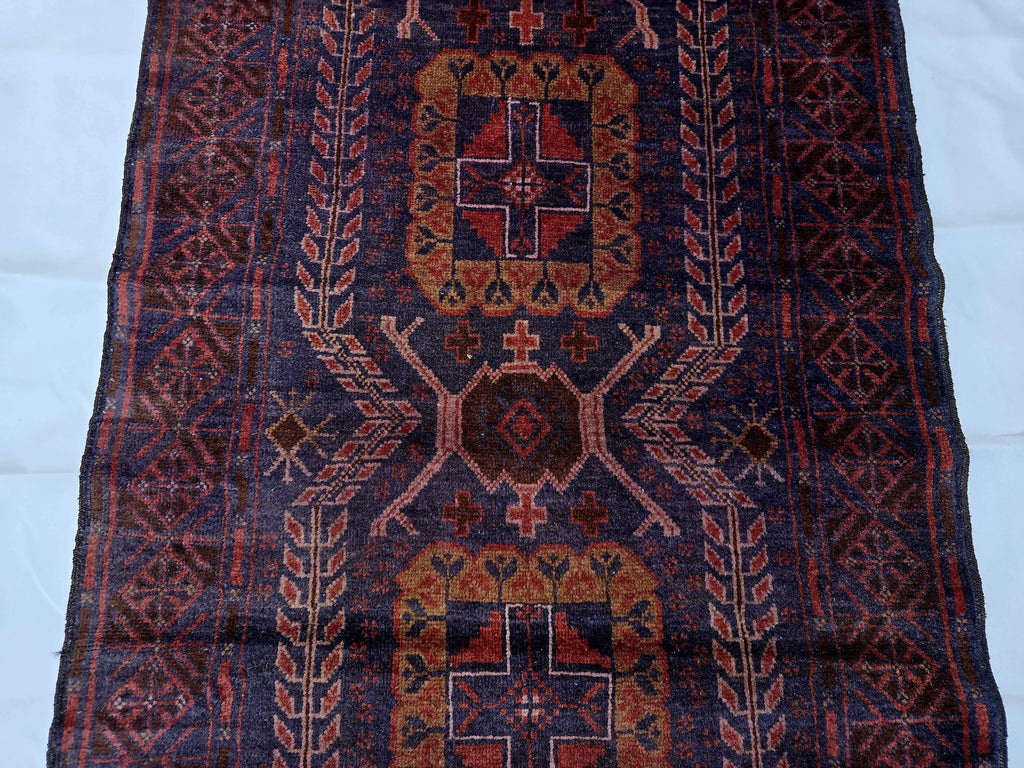 Dark Red 3x9 Vintage Tribal Runner Rug, Geometric Hallway Carpet, Turkmen Long Narrow Rug with Medallions