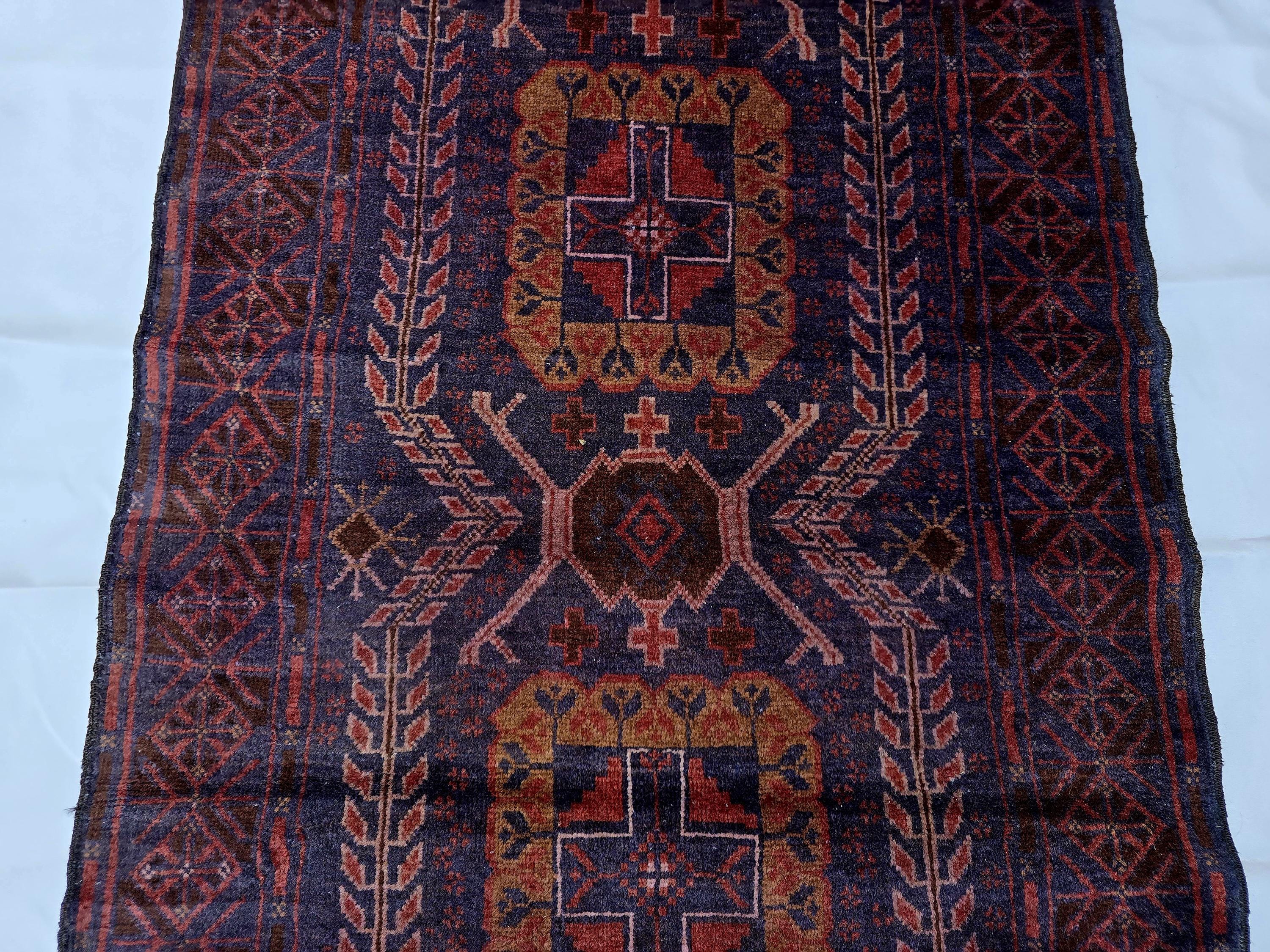 Dark Red 3x9 Vintage Tribal Runner Rug, Geometric Hallway Carpet, Turkmen Long Narrow Rug with Medallions
