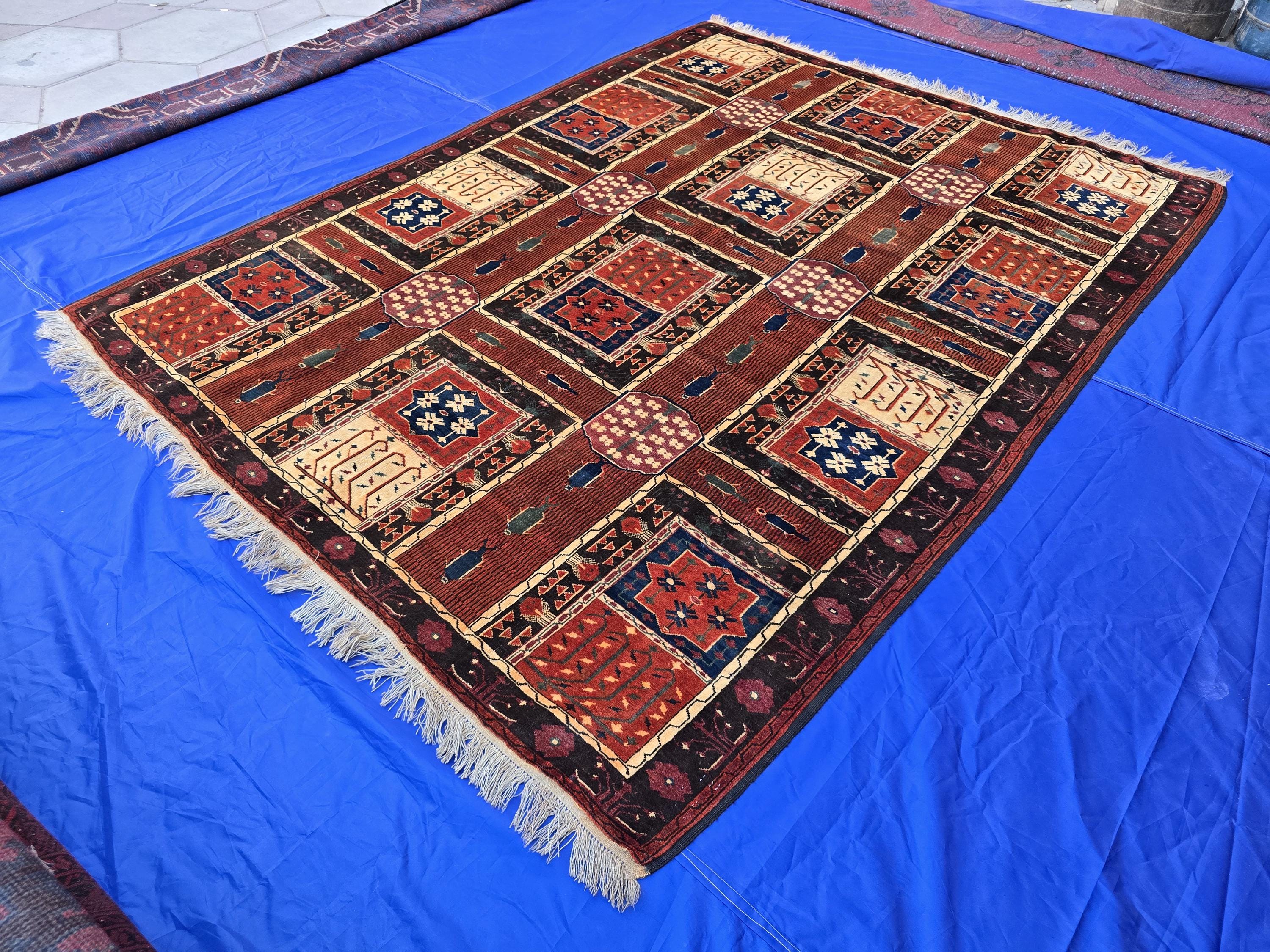 Handmade Antique Afghan Baluchi Wool Rug - Carpet for Living Room - Rustic Home Decor 6.5×8.5 ft