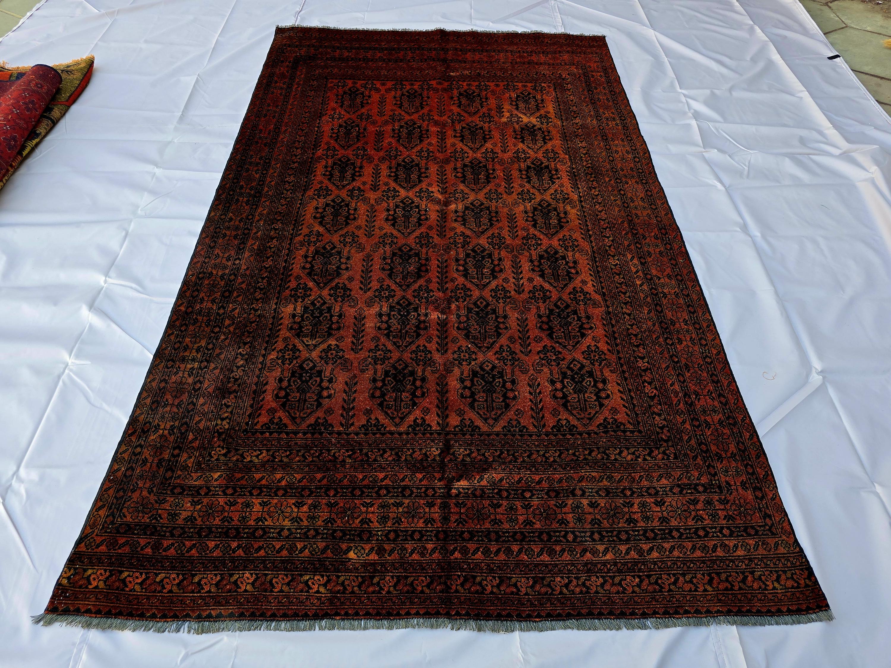 Rust Red Brown Vintage Afghan Area Rug 6.6×9.7 ft, Hand Knotted Wool Oriental Carpet