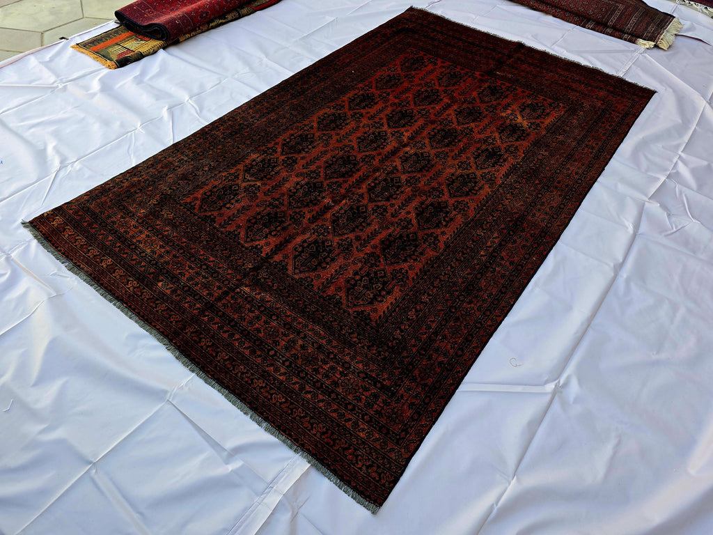 Rust Red Brown Vintage Afghan Area Rug 6.6×9.7 ft, Hand Knotted Wool Oriental Carpet