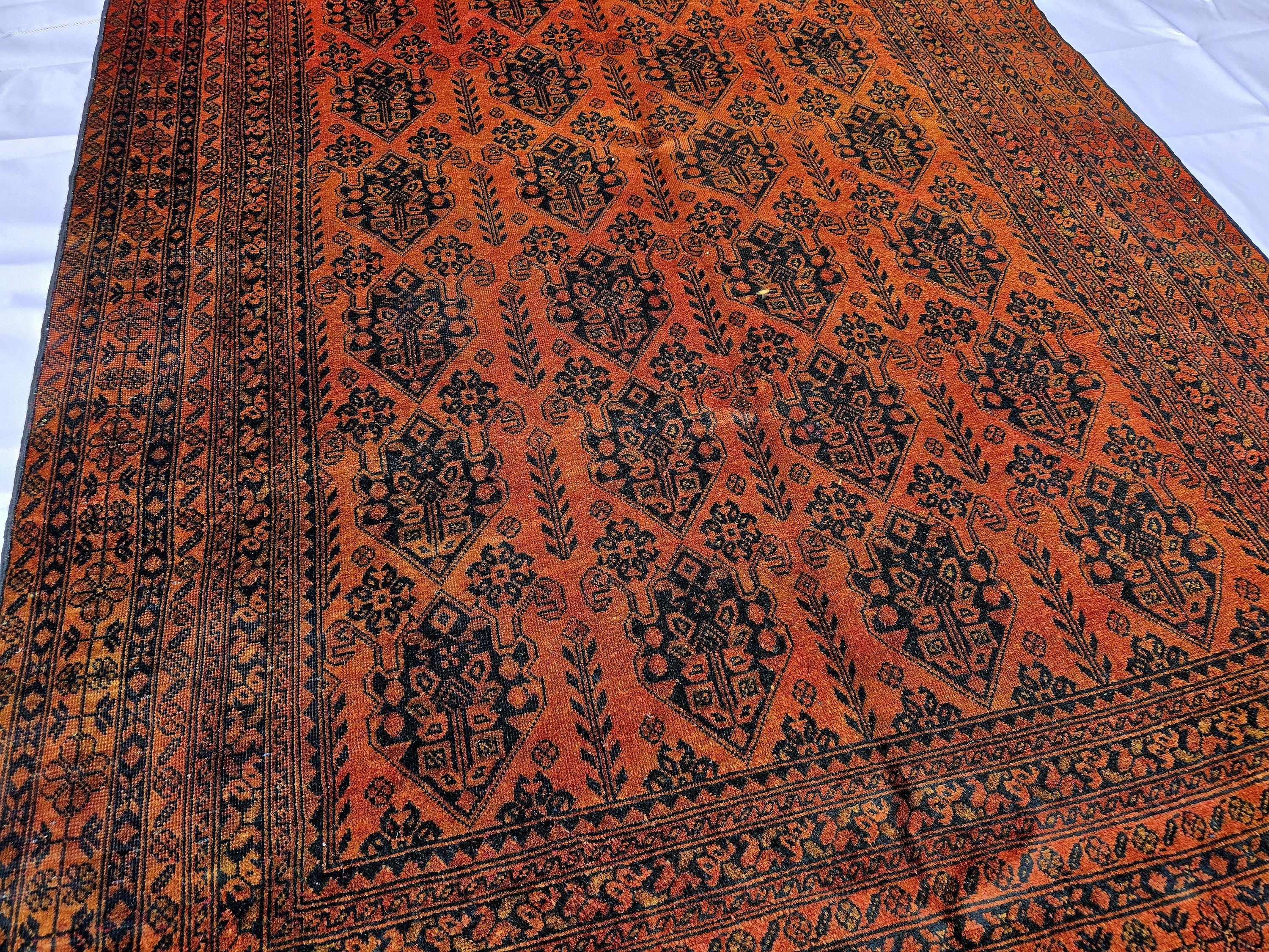 Rust Red Brown Vintage Afghan Area Rug 6.6×9.7 ft, Hand Knotted Wool Oriental Carpet