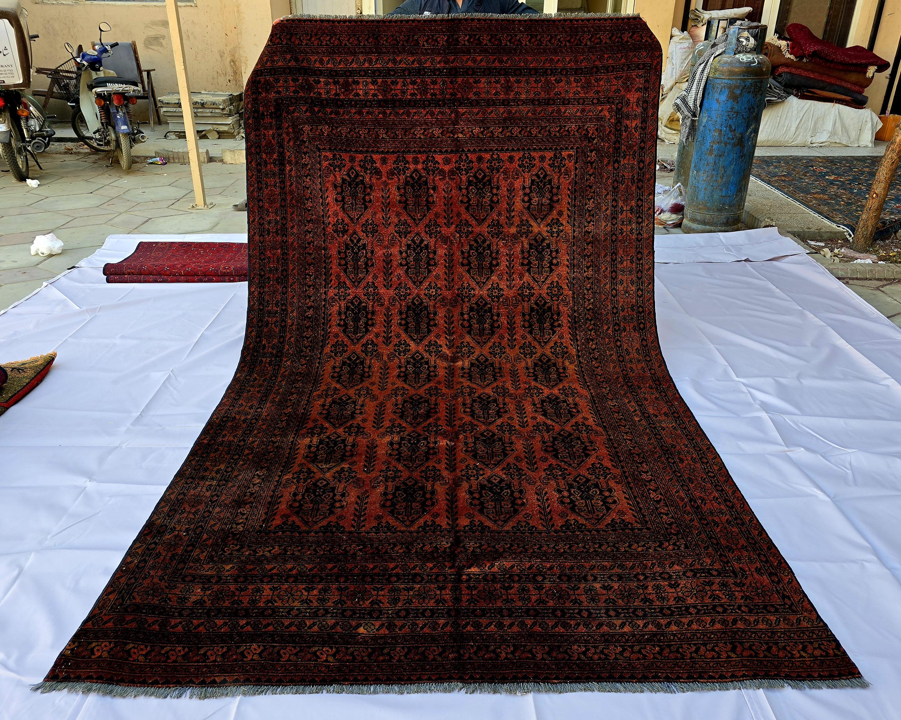 Rust Red Brown Vintage Afghan Area Rug 6.6×9.7 ft, Hand Knotted Wool Oriental Carpet