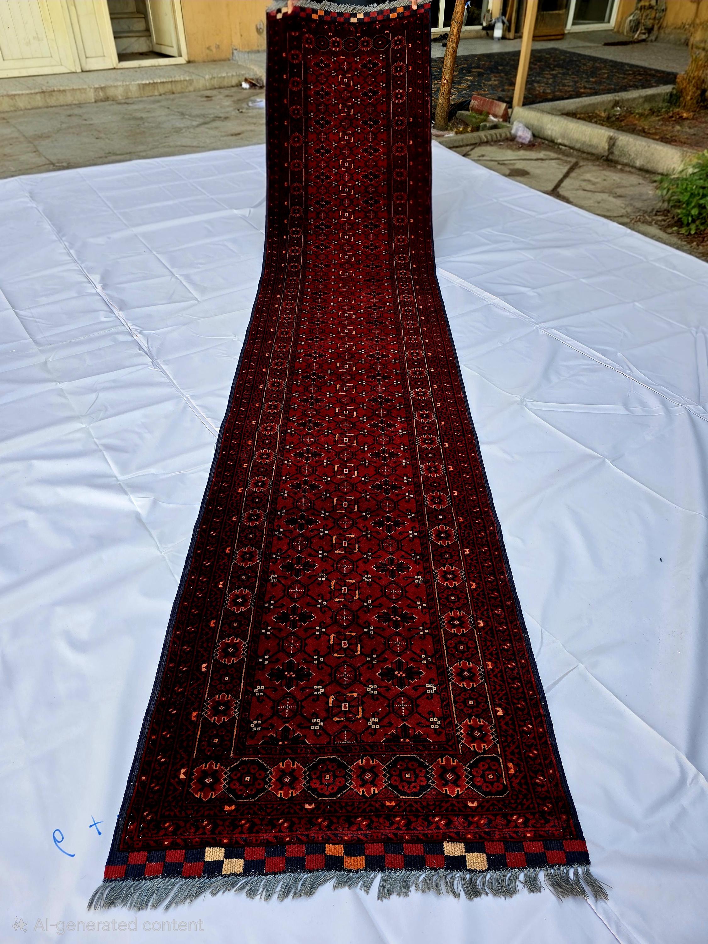 3x13 ft, Handmade Wool Rug, Traditional Tribal Runner, Red Oriental Hallway Rug, Long Narrow Boho Carpet, Geometric Rug