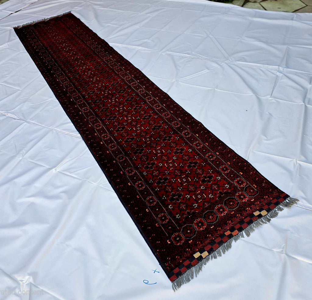 3x13 ft, Handmade Wool Rug, Traditional Tribal Runner, Red Oriental Hallway Rug, Long Narrow Boho Carpet, Geometric Rug