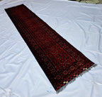 3x13 ft, Handmade Wool Rug, Traditional Tribal Runner, Red Oriental Hallway Rug, Long Narrow Boho Carpet, Geometric Rug