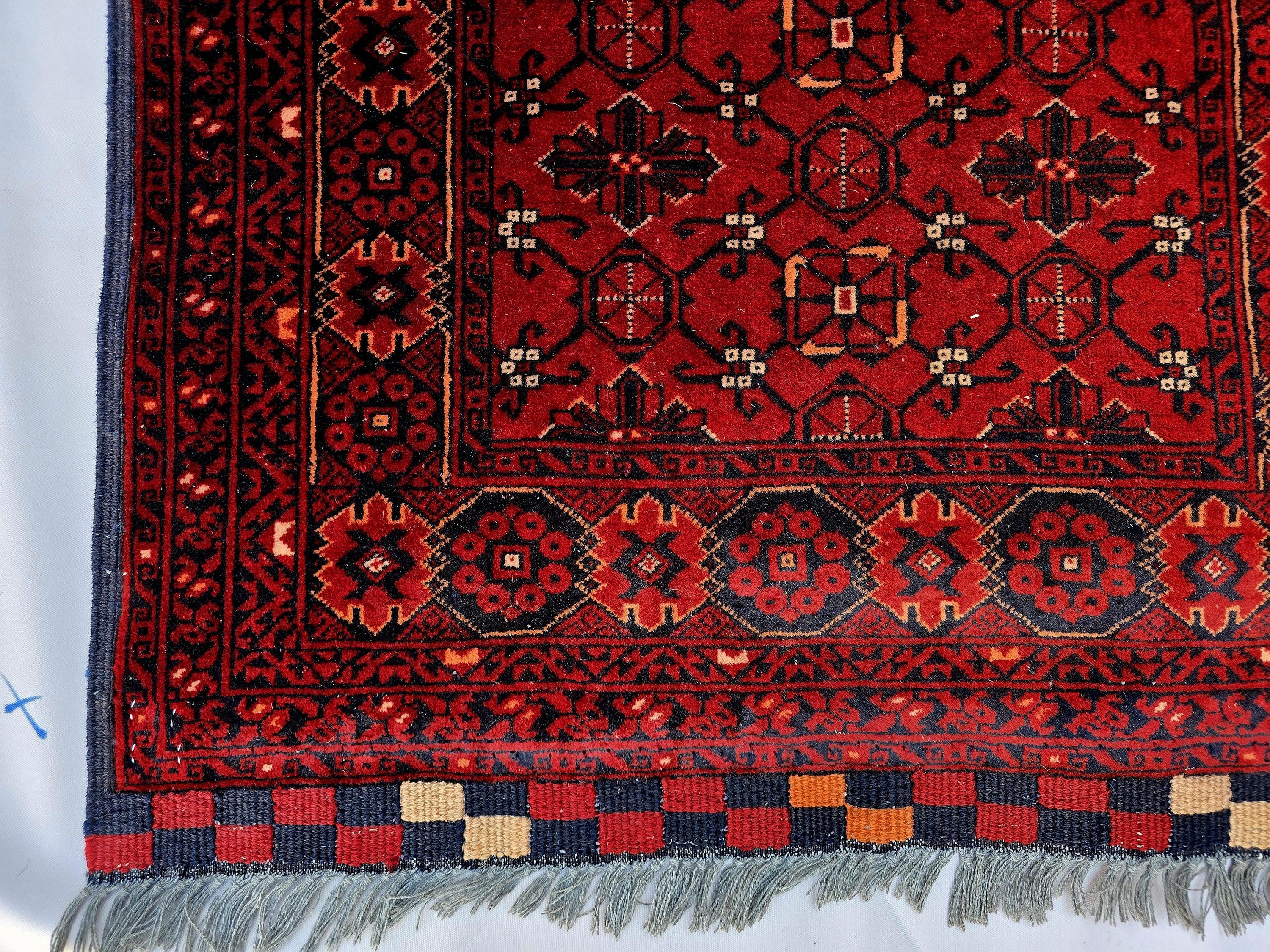 3x13 ft, Handmade Wool Rug, Traditional Tribal Runner, Red Oriental Hallway Rug, Long Narrow Boho Carpet, Geometric Rug