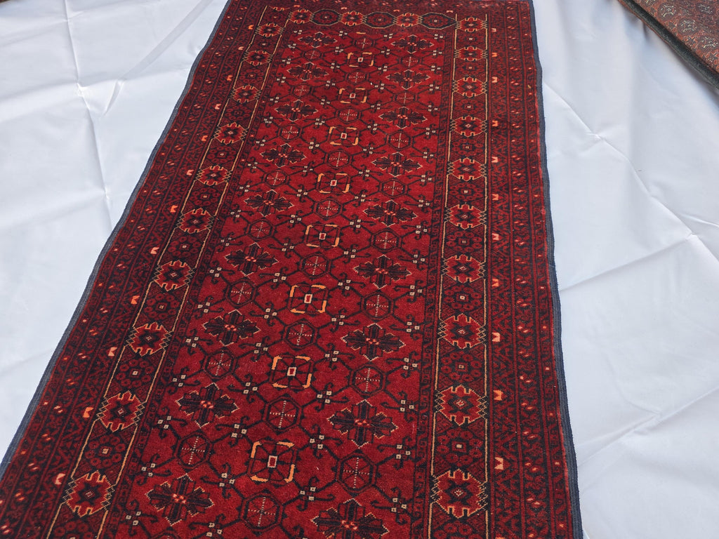 3x13 ft, Handmade Wool Rug, Traditional Tribal Runner, Red Oriental Hallway Rug, Long Narrow Boho Carpet, Geometric Rug