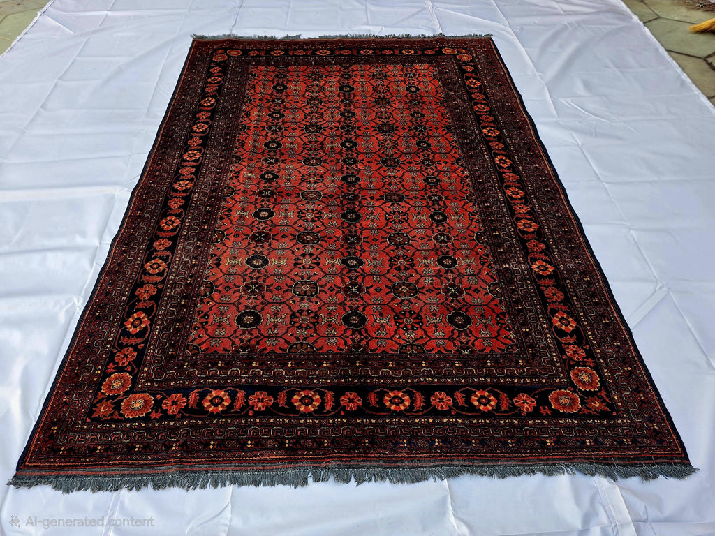 Vintage Afghan Handmade Rug 7x9 ft – Red Black Oriental Wool Area Rug