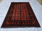 Vintage Afghan Handmade Rug 7x9 ft – Red Black Oriental Wool Area Rug