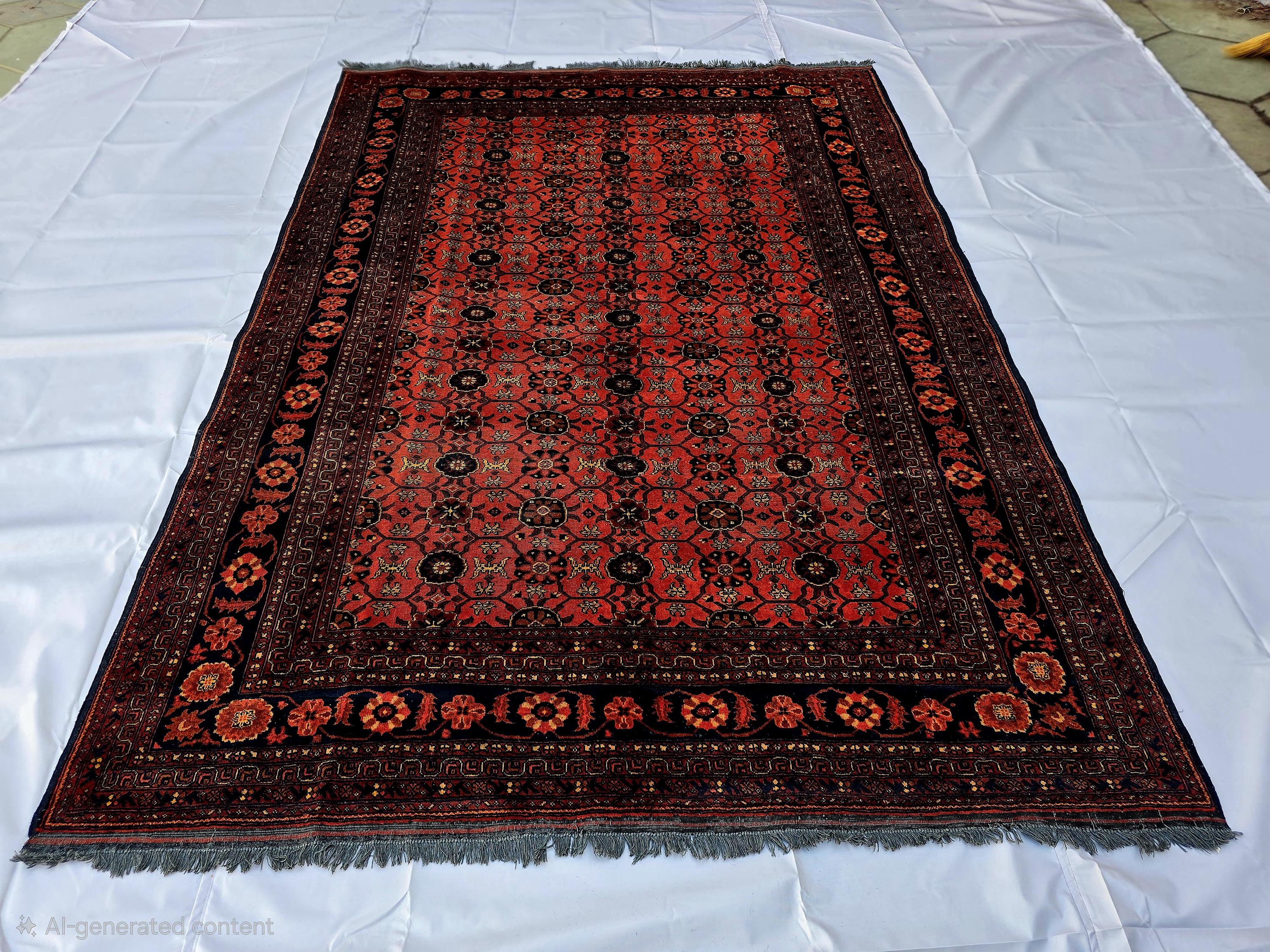 Vintage Afghan Handmade Rug 7x9 ft – Red Black Oriental Wool Area Rug