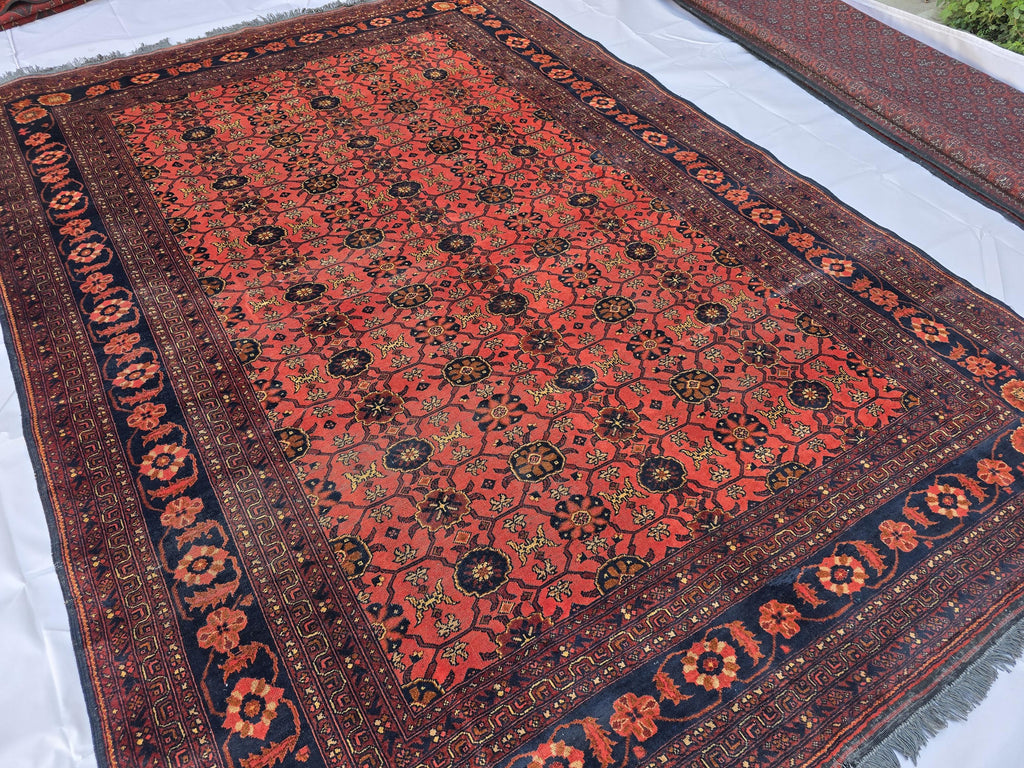 Vintage Afghan Handmade Rug 7x9 ft – Red Black Oriental Wool Area Rug