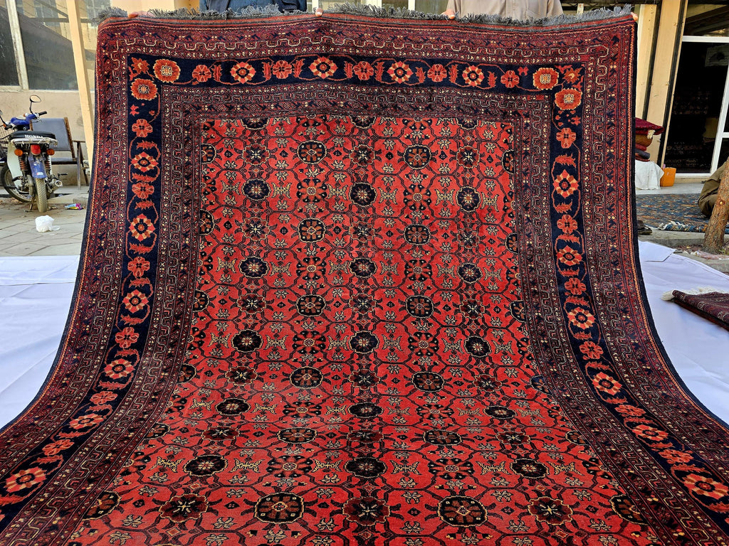 Vintage Afghan Handmade Rug 7x9 ft – Red Black Oriental Wool Area Rug