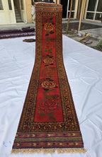 Vintage Afghan Handmade Rose Runner Rug 2.6×12.6 ft, Traditional Tribal Hallway Rug, Long Narrow Oriental Carpet