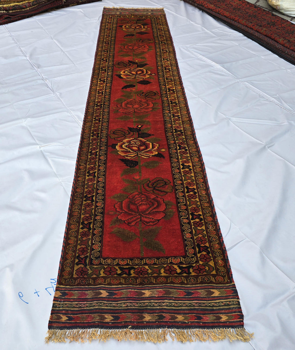 Vintage Afghan Handmade Rose Runner Rug 2.6×12.6 ft, Traditional Tribal Hallway Rug, Long Narrow Oriental Carpet