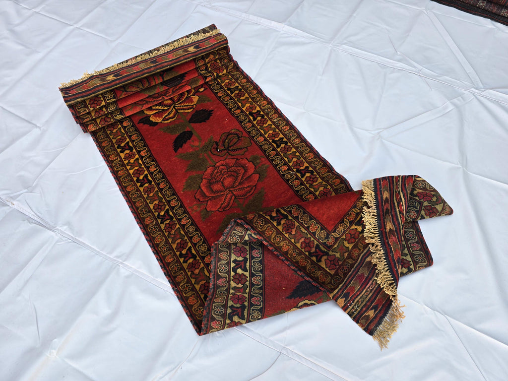 Vintage Afghan Handmade Rose Runner Rug 2.6×12.6 ft, Traditional Tribal Hallway Rug, Long Narrow Oriental Carpet