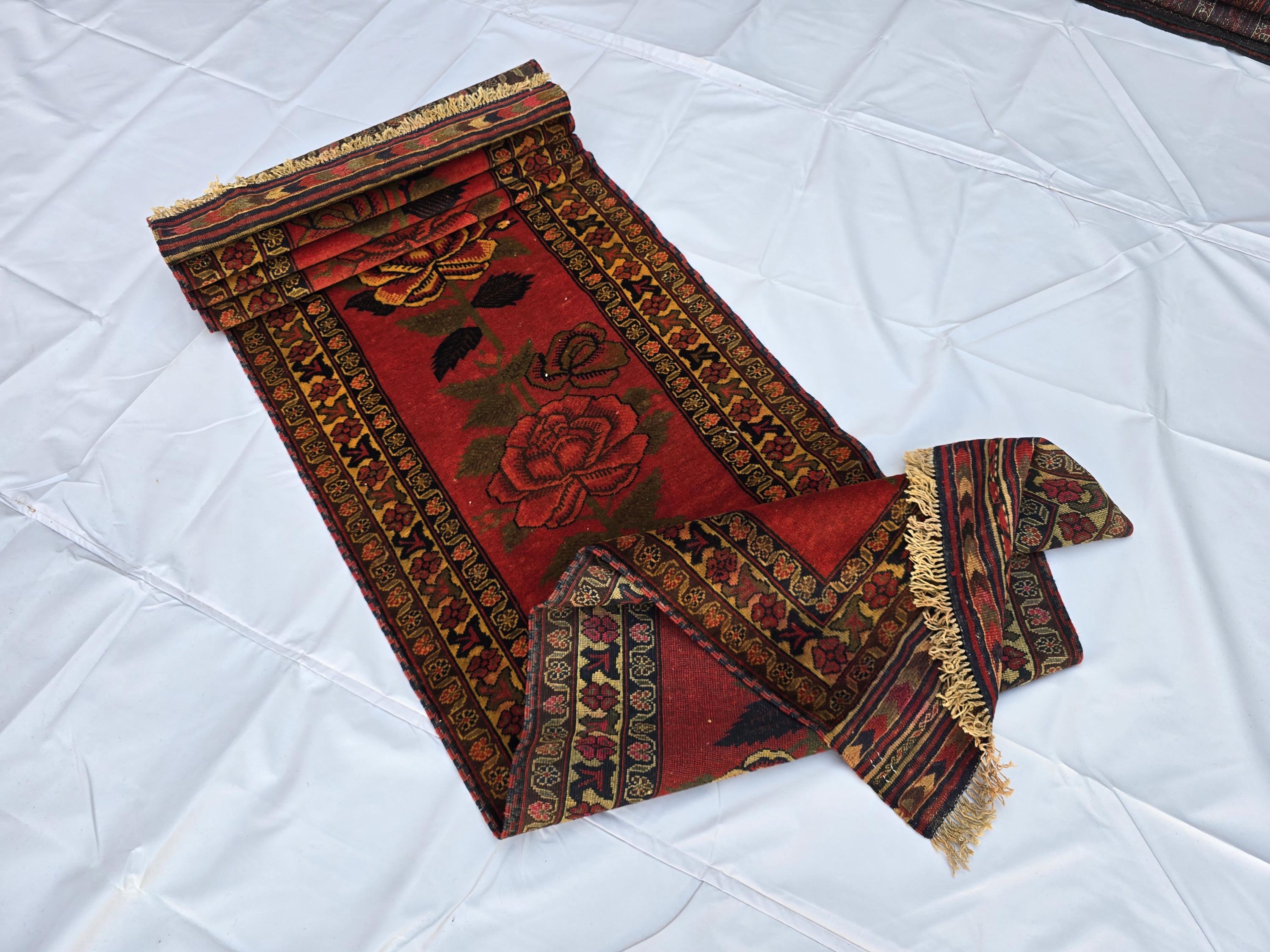Vintage Afghan Handmade Rose Runner Rug 2.6×12.6 ft, Traditional Tribal Hallway Rug, Long Narrow Oriental Carpet