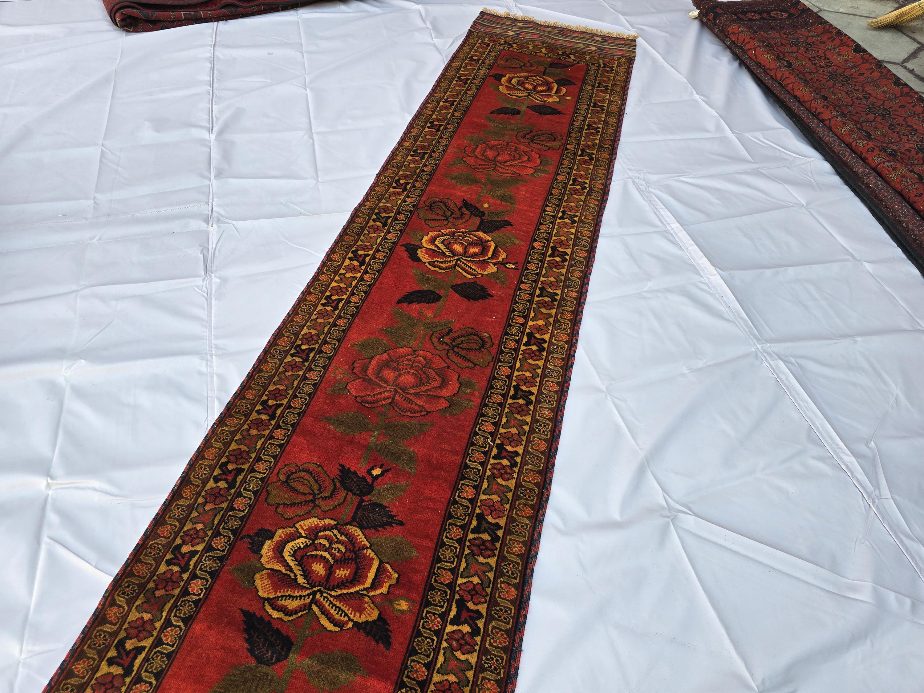 Vintage Afghan Handmade Rose Runner Rug 2.6×12.6 ft, Traditional Tribal Hallway Rug, Long Narrow Oriental Carpet