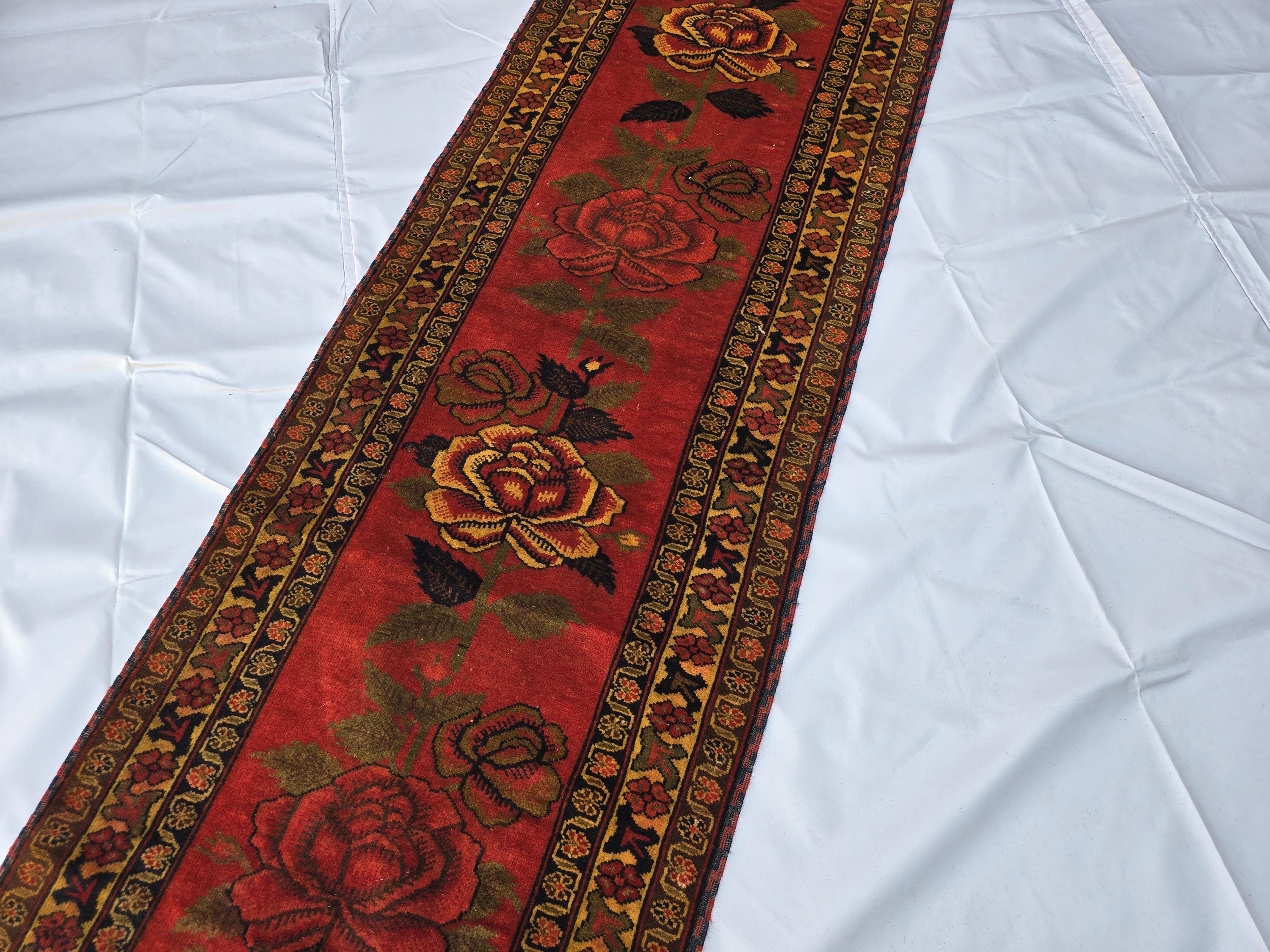 Vintage Afghan Handmade Rose Runner Rug 2.6×12.6 ft, Traditional Tribal Hallway Rug, Long Narrow Oriental Carpet