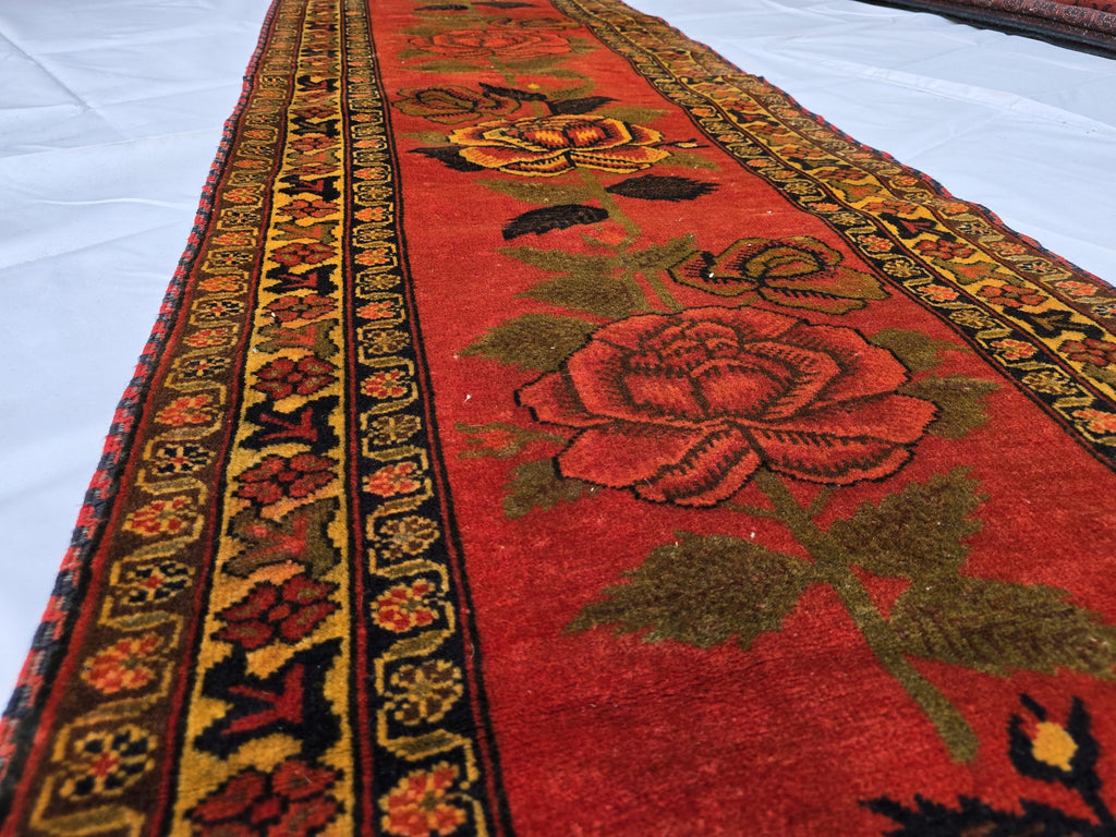 Vintage Afghan Handmade Rose Runner Rug 2.6×12.6 ft, Traditional Tribal Hallway Rug, Long Narrow Oriental Carpet