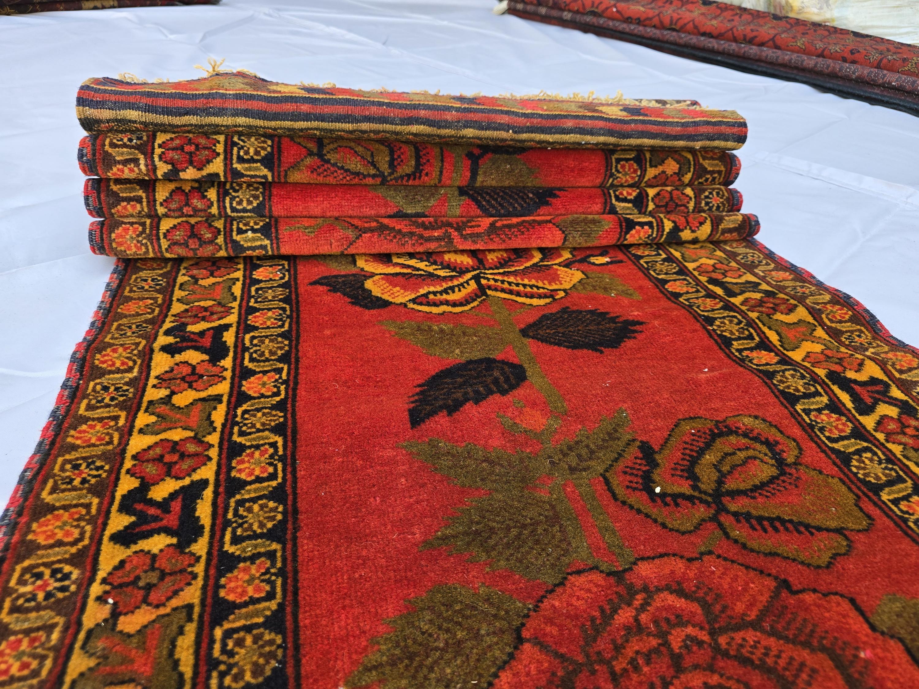 Vintage Afghan Handmade Rose Runner Rug 2.6×12.6 ft, Traditional Tribal Hallway Rug, Long Narrow Oriental Carpet