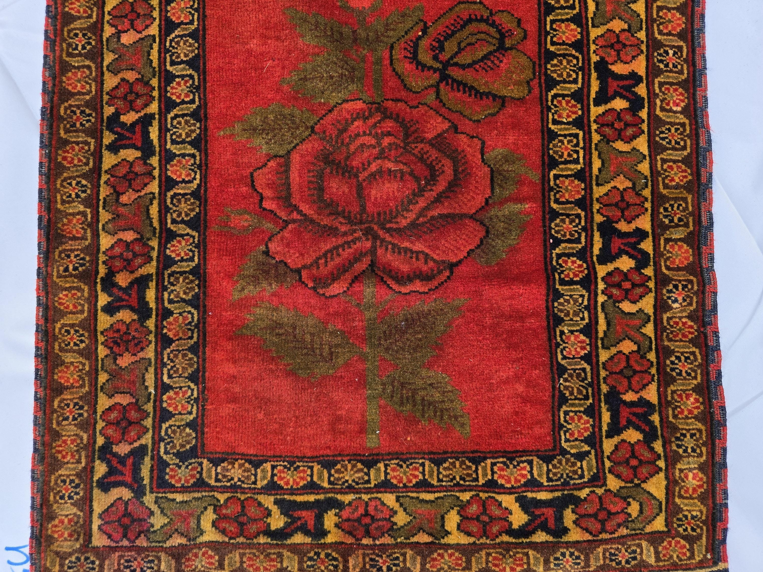 Vintage Afghan Handmade Rose Runner Rug 2.6×12.6 ft, Traditional Tribal Hallway Rug, Long Narrow Oriental Carpet