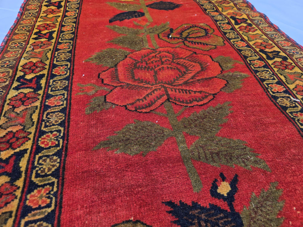 Vintage Afghan Handmade Rose Runner Rug 2.6×12.6 ft, Traditional Tribal Hallway Rug, Long Narrow Oriental Carpet