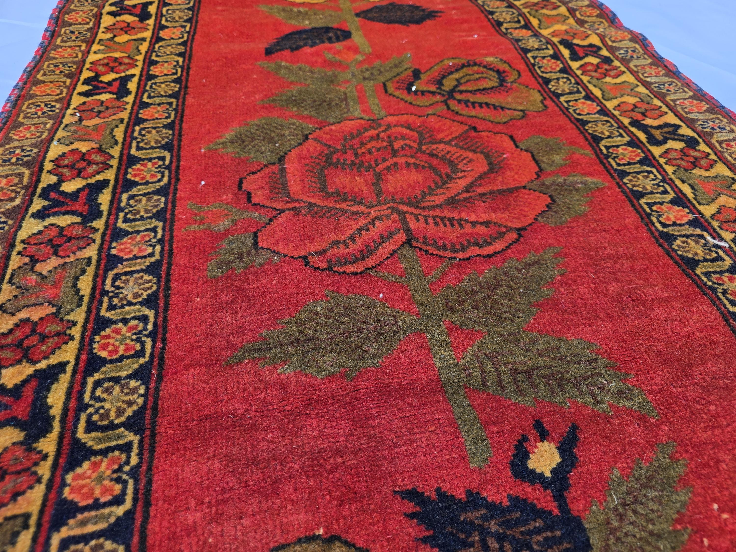 Vintage Afghan Handmade Rose Runner Rug 2.6×12.6 ft, Traditional Tribal Hallway Rug, Long Narrow Oriental Carpet