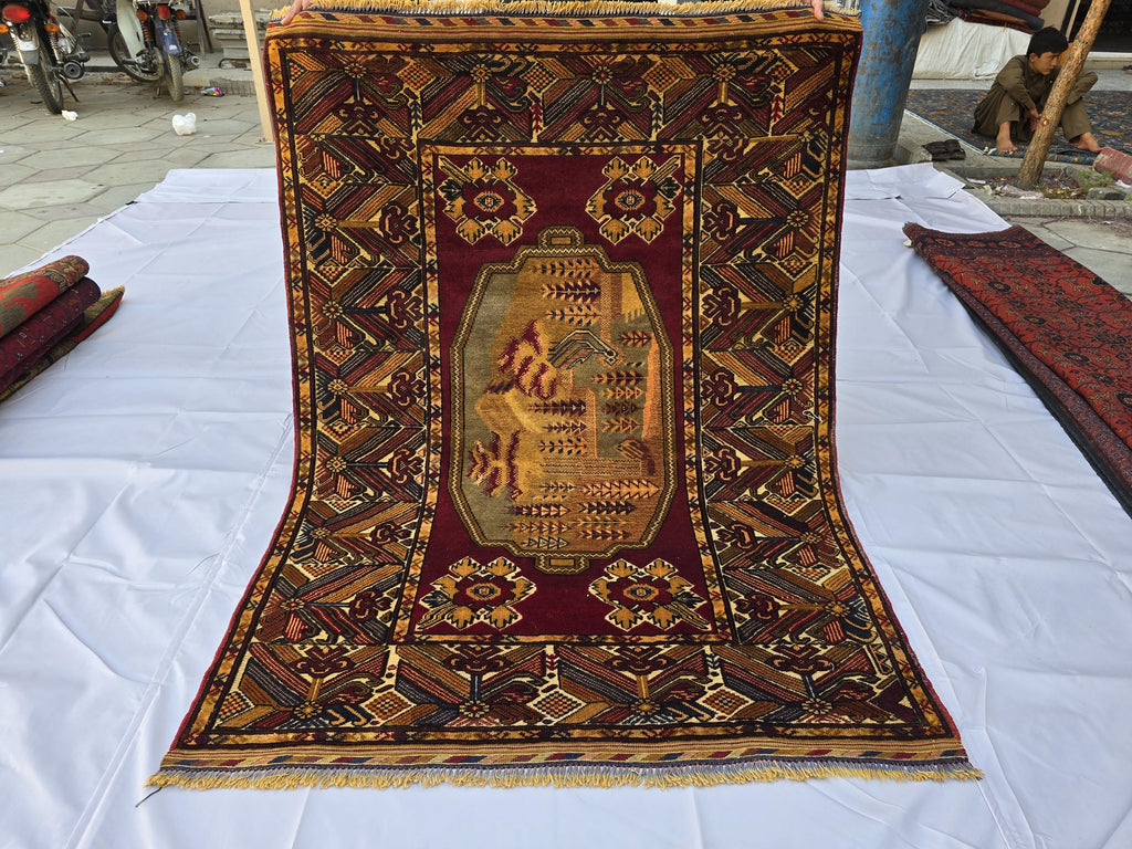 Vintage Afghan Handmade Rug 4x6 ft | Tribal Geometric Wool Carpet | Turkmen Style Oriental Area Rug