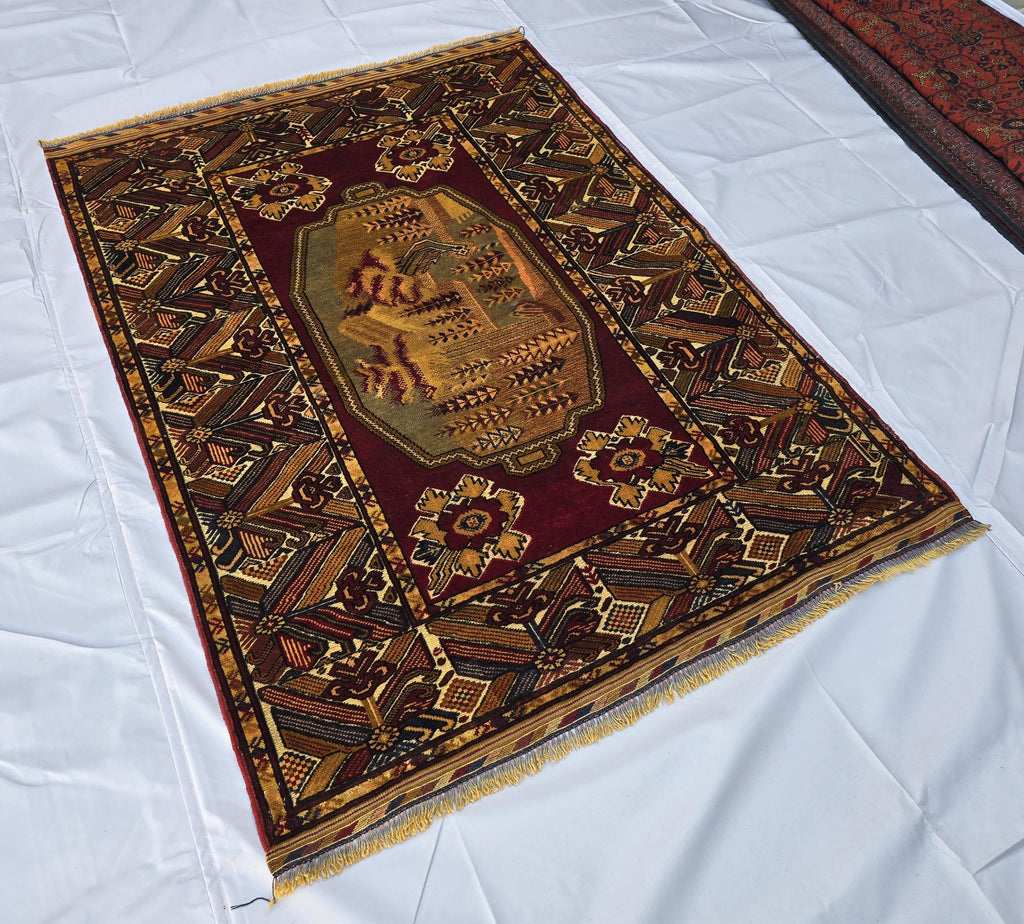 Vintage Afghan Handmade Rug 4x6 ft | Tribal Geometric Wool Carpet | Turkmen Style Oriental Area Rug