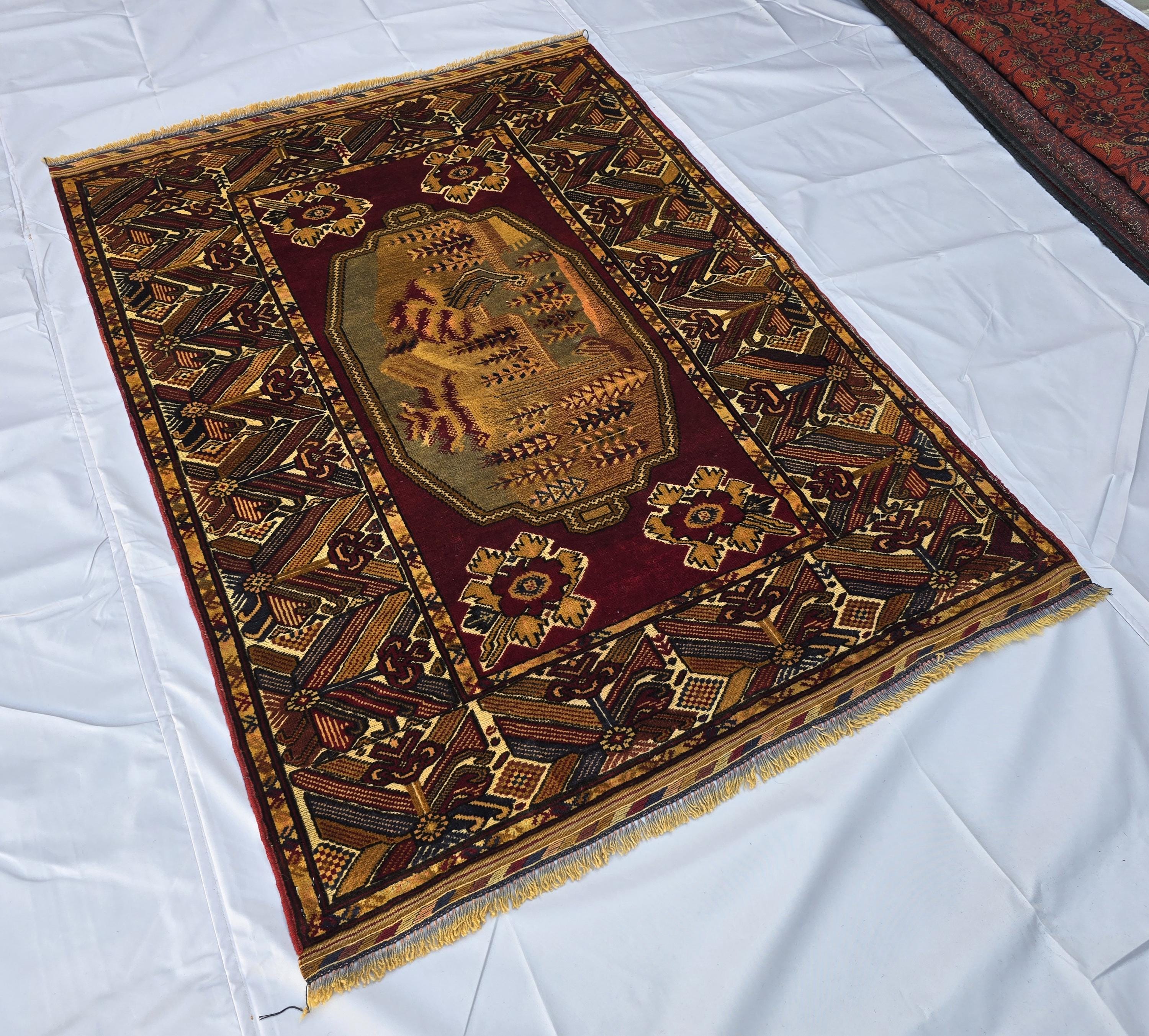 Vintage Afghan Handmade Rug 4x6 ft | Tribal Geometric Wool Carpet | Turkmen Style Oriental Area Rug
