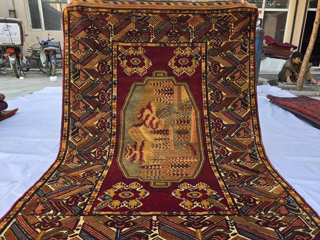 Vintage Afghan Handmade Rug 4x6 ft | Tribal Geometric Wool Carpet | Turkmen Style Oriental Area Rug