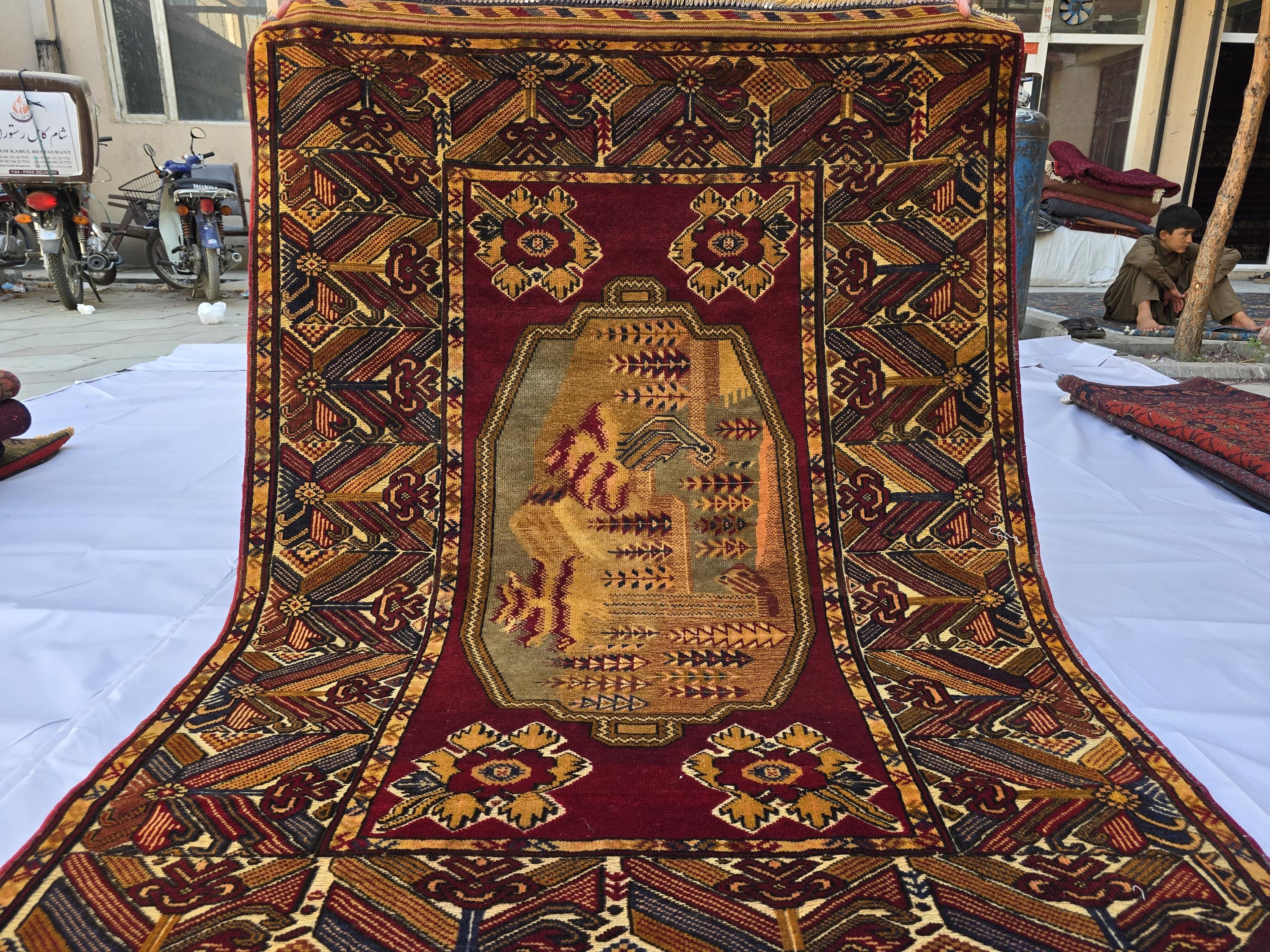 Vintage Afghan Handmade Rug 4x6 ft | Tribal Geometric Wool Carpet | Turkmen Style Oriental Area Rug