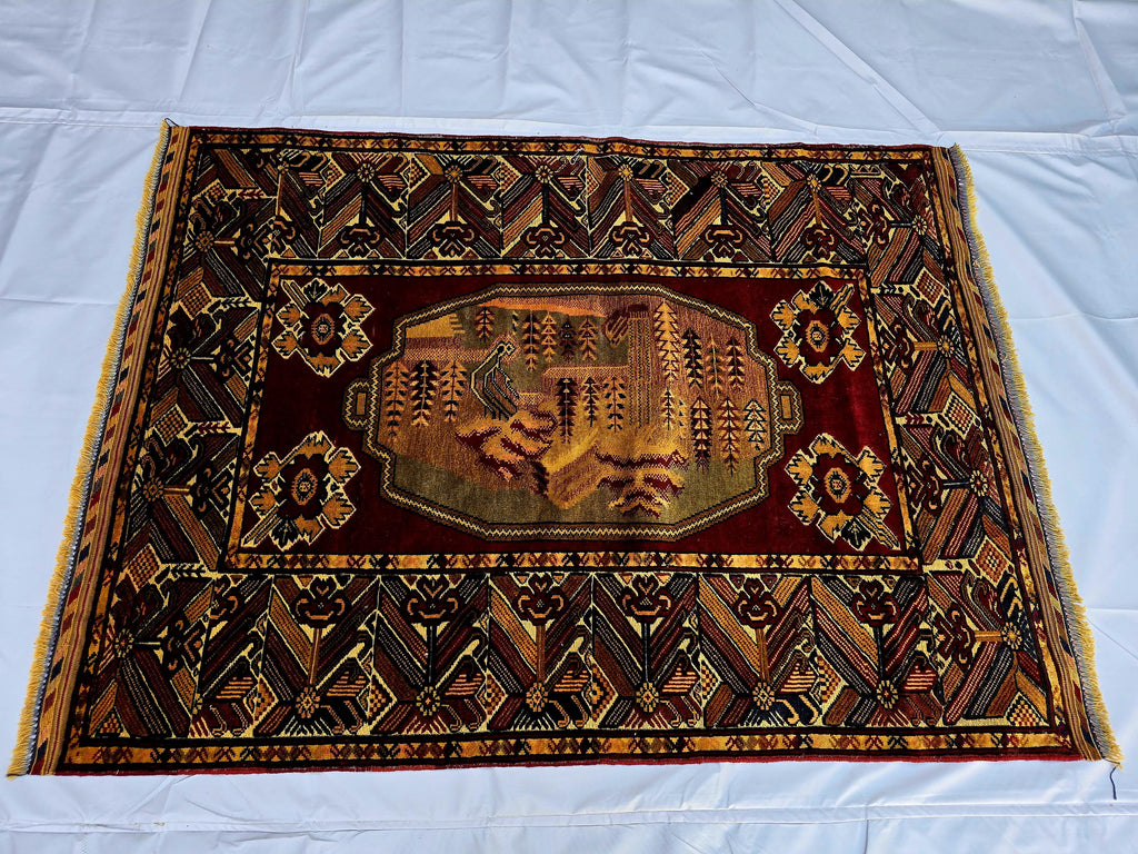 Vintage Afghan Handmade Rug 4x6 ft | Tribal Geometric Wool Carpet | Turkmen Style Oriental Area Rug