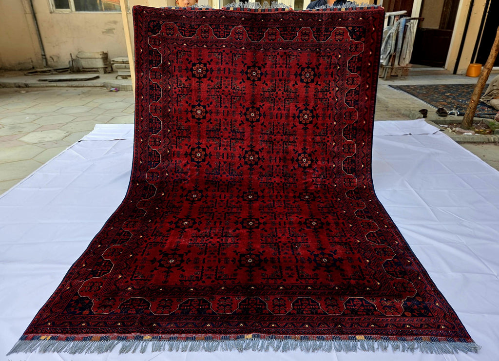 Red Geometric Medallion Rug, 6.4 x 9.3 Ft Area Rug, Crimson Tribal Style Carpet, Statement Living Room Decor