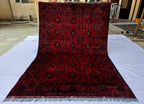 Red Geometric Medallion Rug, 6.4 x 9.3 Ft Area Rug, Crimson Tribal Style Carpet, Statement Living Room Decor